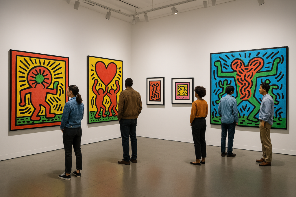 Unlocking the World of Keith Haring Drawings: Style, Symbolism & Impact 9 Keith Haring artwork displayed in a contemporary art gallery with visitors viewing colorful large-scale paintings