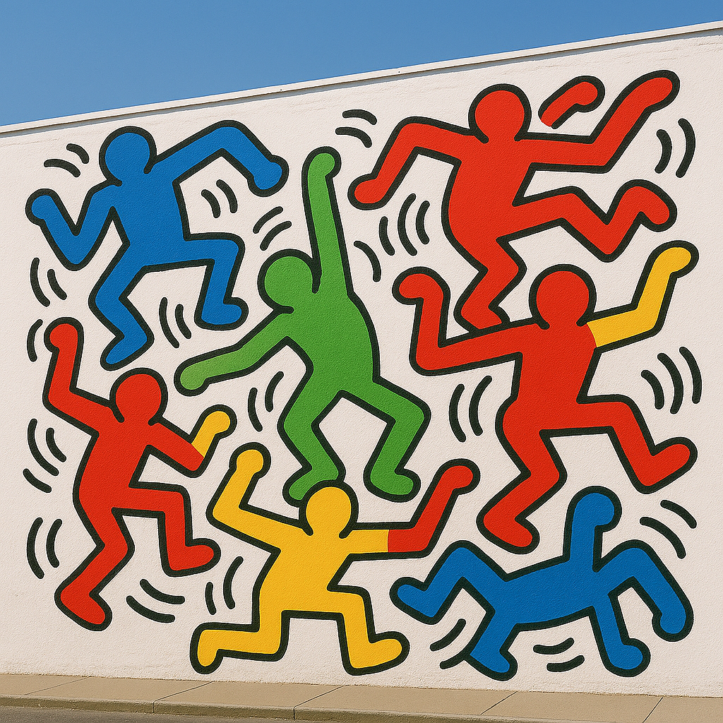 Unlocking the World of Keith Haring Drawings: Style, Symbolism & Impact 4 Vibrant Keith Haring mural featuring his iconic dancing figures in bright primary colors with characteristic bold black outlines