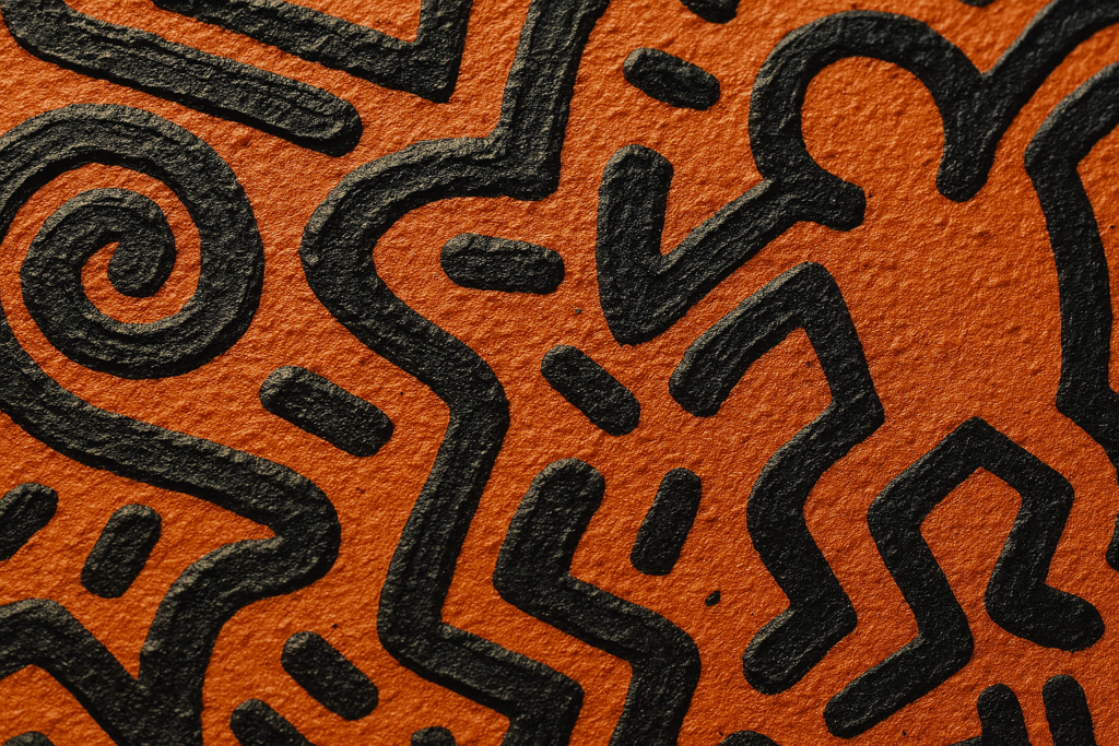 Unlocking the World of Keith Haring Drawings: Style, Symbolism & Impact 7 Close-up detail of Keith Haring artwork showing his characteristic thick, continuous black lines and simplified forms