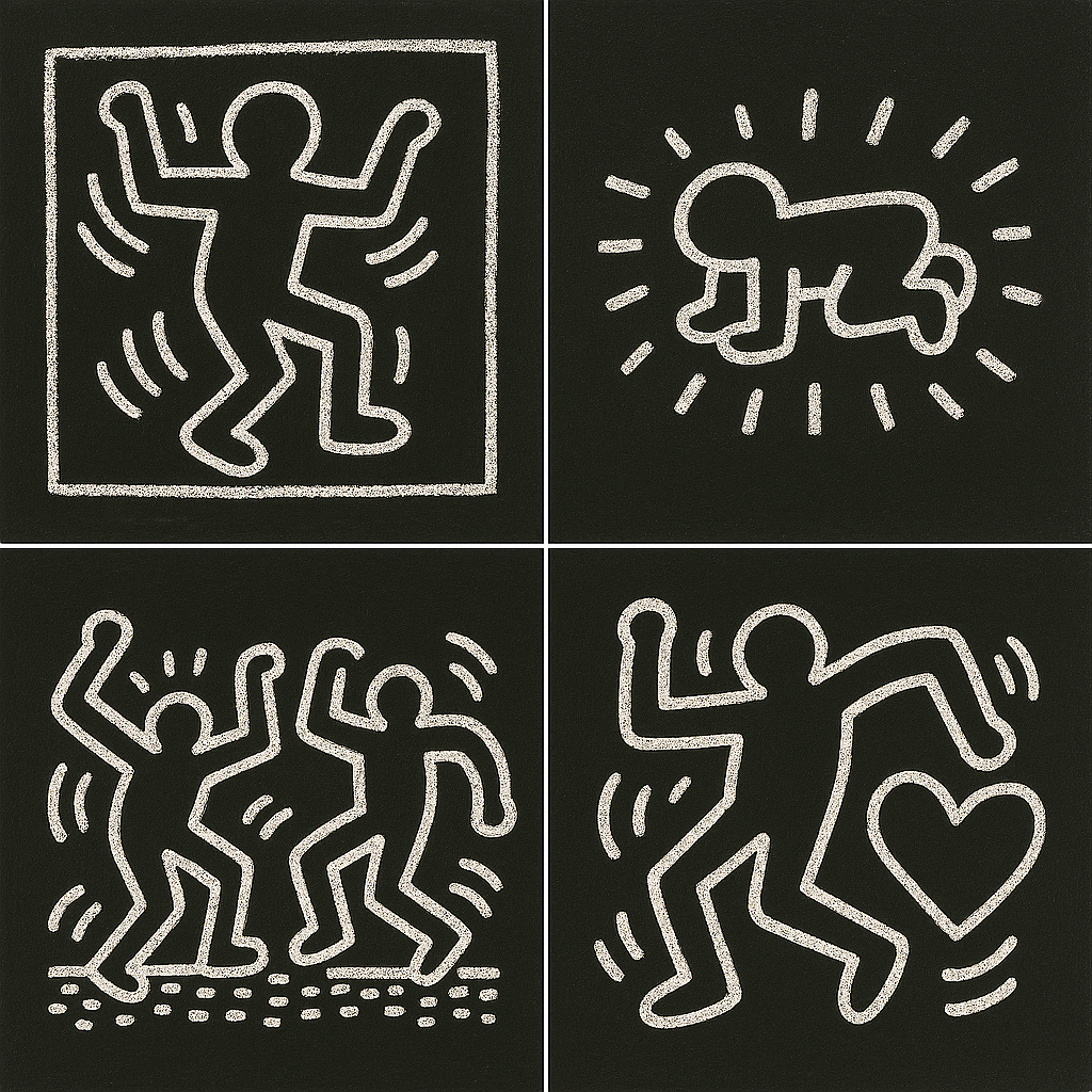 Unlocking the World of Keith Haring Drawings: Style, Symbolism & Impact 5 Keith Haring painting a large-scale public mural featuring his characteristic bold figures and vibrant colors on an outdoor wall