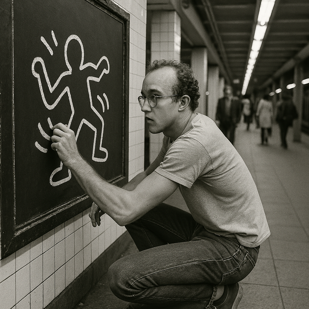 Unlocking the World of Keith Haring Drawings: Style, Symbolism & Impact 3 Keith Haring creating one of his iconic white chalk drawings on black paper in a New York City subway station in the 1980s
