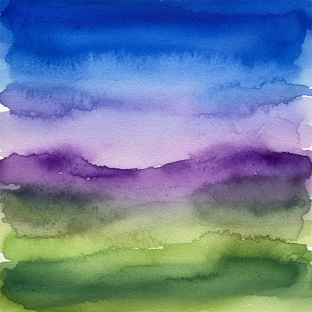 Simple Abstract Watercolor Painting Ideas: Paint a thick stripe of blue at the top (sky), a stripe of purple in the middle (mountains), and green at the bottom (ground). Let them touch and bleed into each other while wet. It implies a landscape without needing to paint details.