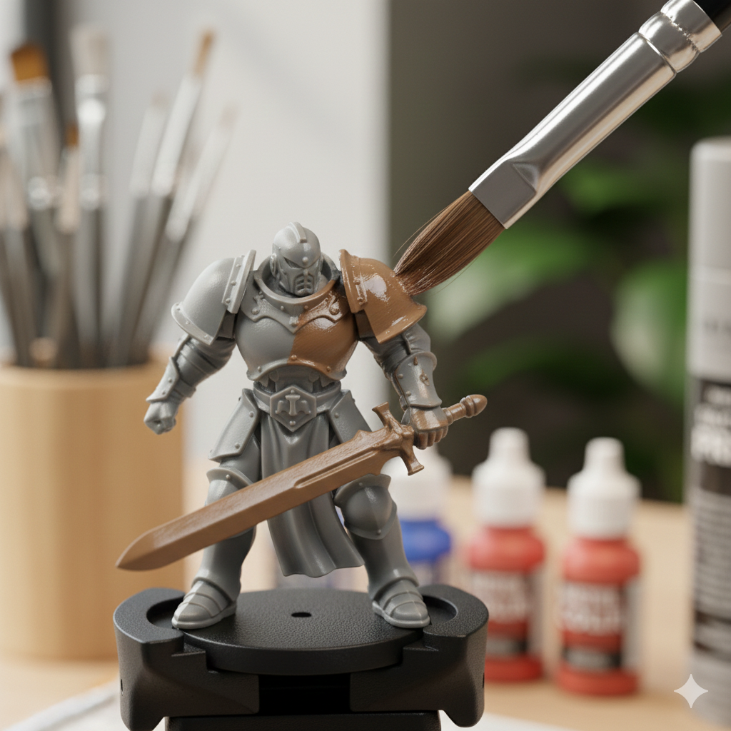 Detail shot showing proper brush technique applying thin layer of brown paint to miniature leather armor