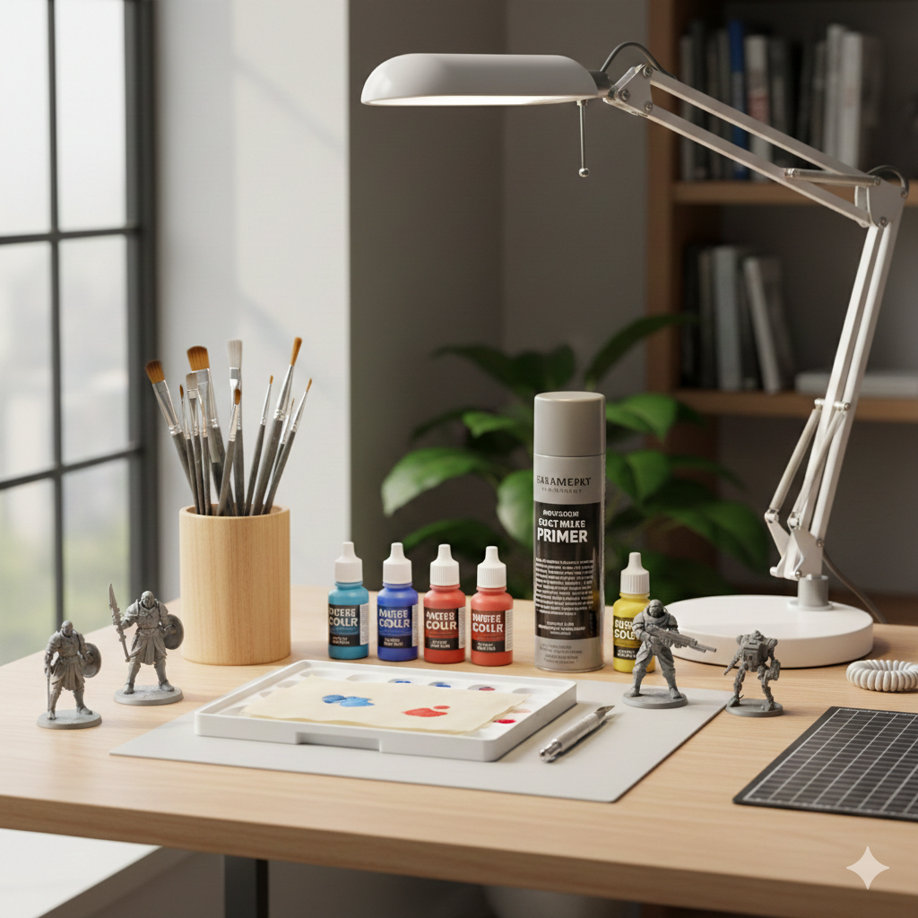 Organized miniature painting workspace showing essential supplies including brushes paint bottles primer spray can and unpainted tabletop miniatures