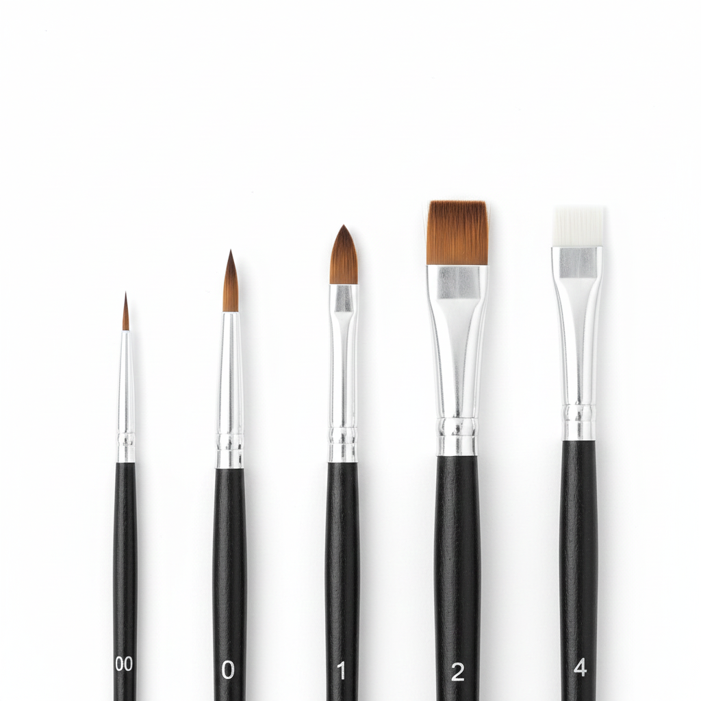 Various sizes of paint brushes for miniature painting ranging from fine detail brushes to larger basecoat brushes