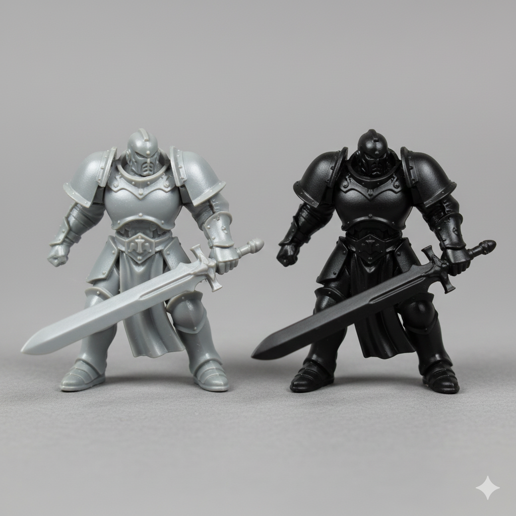 Side by side comparison of unpainted grey plastic miniature and same model coated with black primer