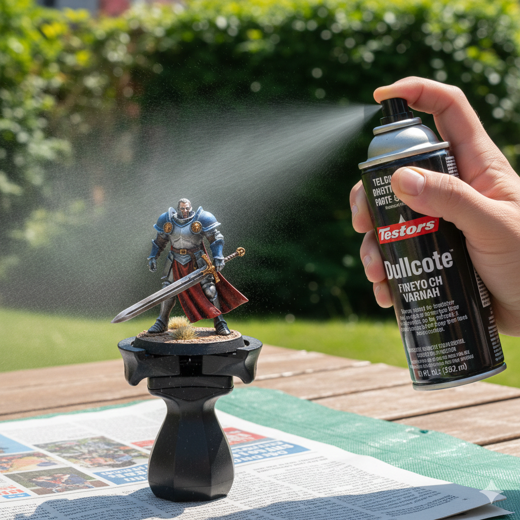 Hand holding spray can of matte varnish applying protective coating to fully painted miniature