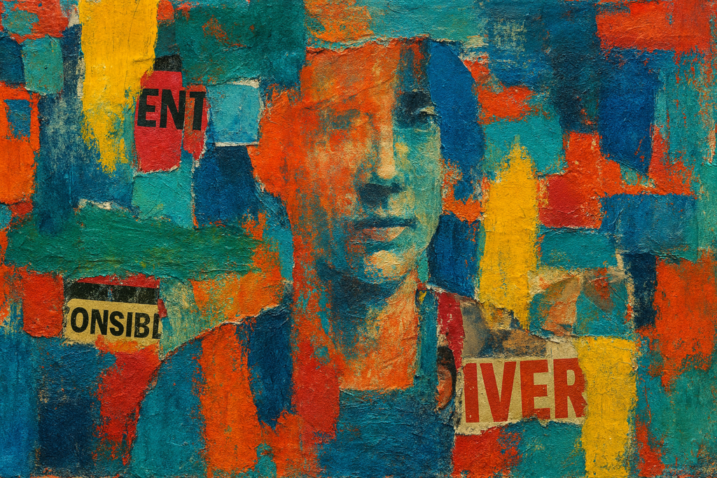 Abstract painting with magazine collage pieces visible beneath layers of acrylic paint