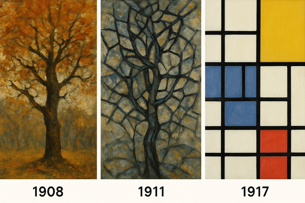 Progression of Piet Mondrian tree paintings from realistic to abstract geometric forms showing artistic evolution