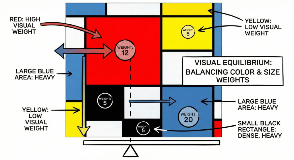 Diagram showing visual weight distribution and balance analysis in Mondrian composition with arrows and annotations