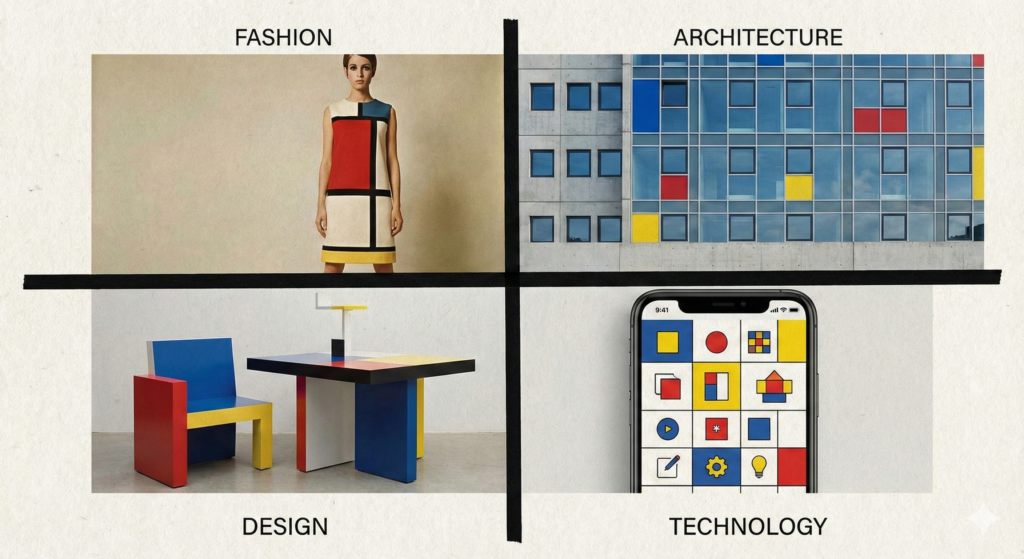 Collage showing Mondrian painting influences in fashion dress designs architecture buildings and product designs