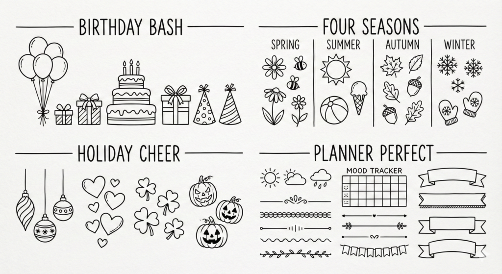 Unleash Your Creativity: 25+ Fun Doodle Art Ideas with Easy Step-by-Step Guides 11 Fun doodle art ideas: Collection of doodles for special occasions including birthday elements, holiday themes, and planner decorations