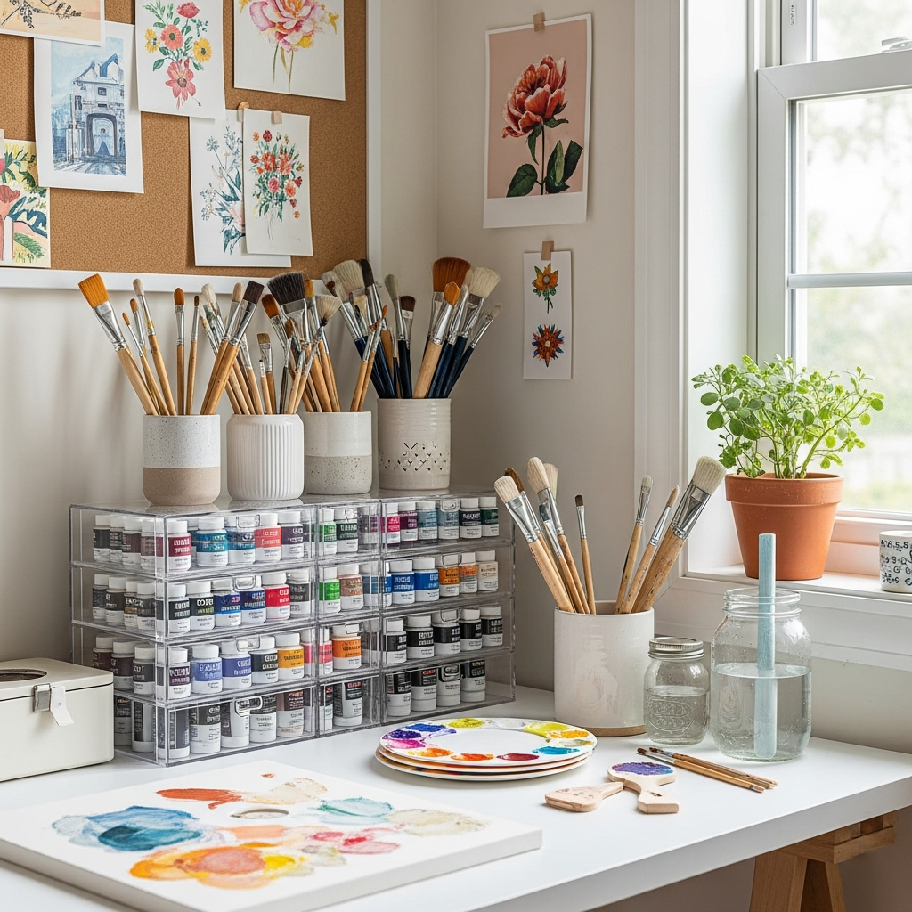 Well-organized artist workspace showing properly stored acrylic paints in labeled containers, clean brushes in holders, and tidy palette