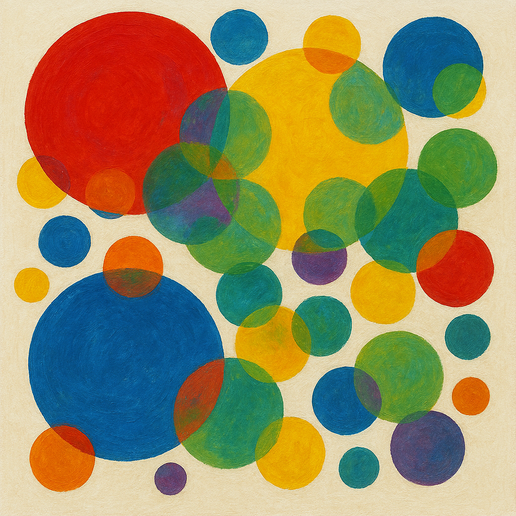 Abstract painting with multiple overlapping circles in various colors creating secondary color mixing