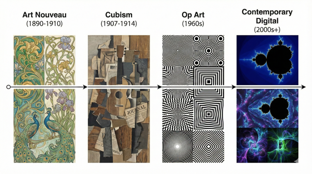 Visual timeline displaying characteristic pattern styles from Art Nouveau organic curves, Cubist collage patterns, Op Art optical illusions, and digital algorithmic designs
