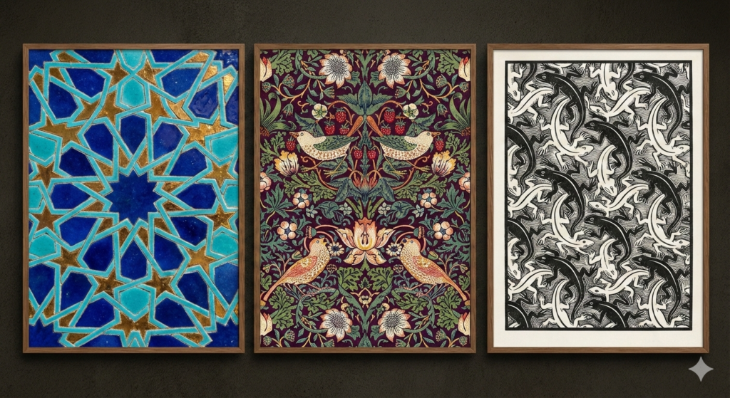 Triptych showing Islamic geometric tile pattern, William Morris floral wallpaper design, and M.C. Escher tessellation