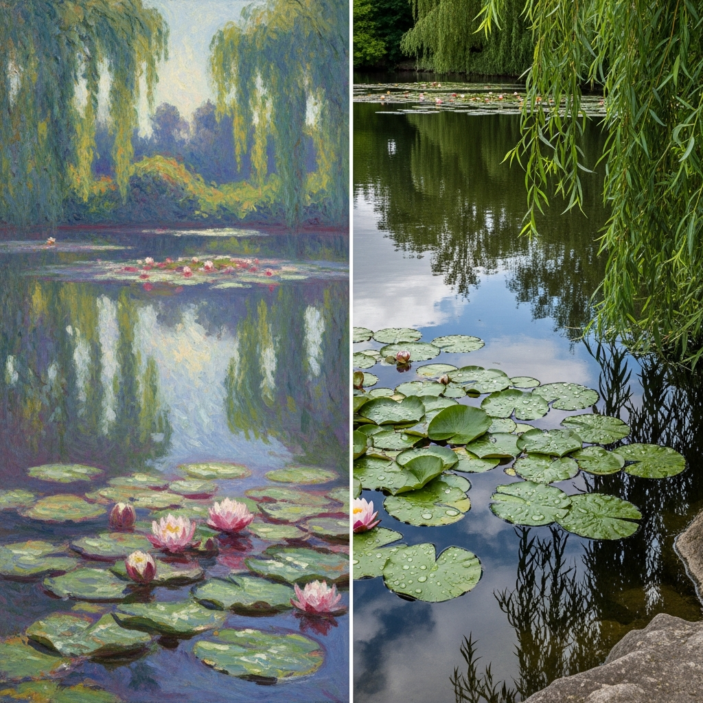 Split image contrasting a soft-focus Impressionist painting with a hyper-detailed photograph of the same landscape, symbolizing how photography's invention freed painting from mimesis (strict realism).