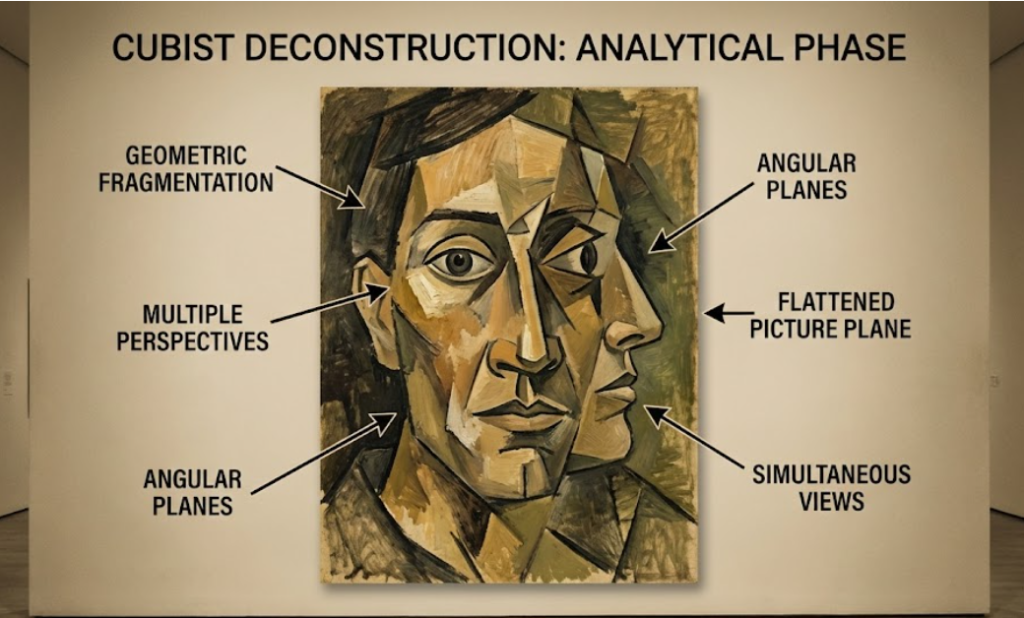 Picasso abstract face painting showing cubist style with fragmented facial features and multiple perspectives