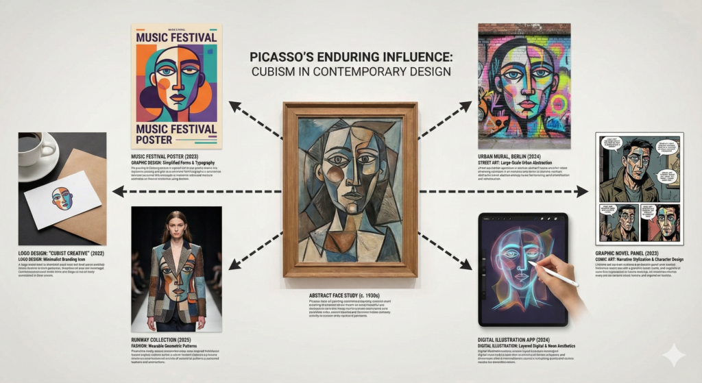 Comparison showing how Picasso's abstract face techniques influenced modern art and design