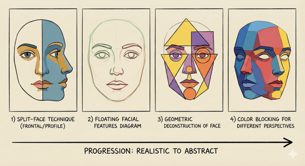 Illustration showing Picasso's techniques for creating abstract faces with multiple perspectives