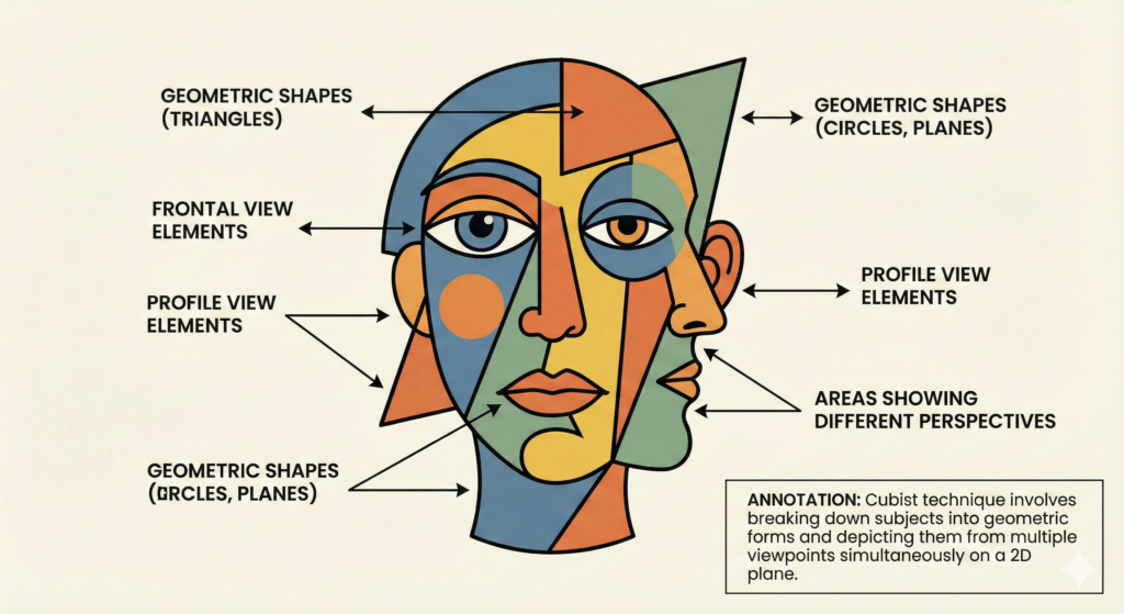 Diagram showing how Picasso constructed abstract faces using geometric shapes and multiple perspectives