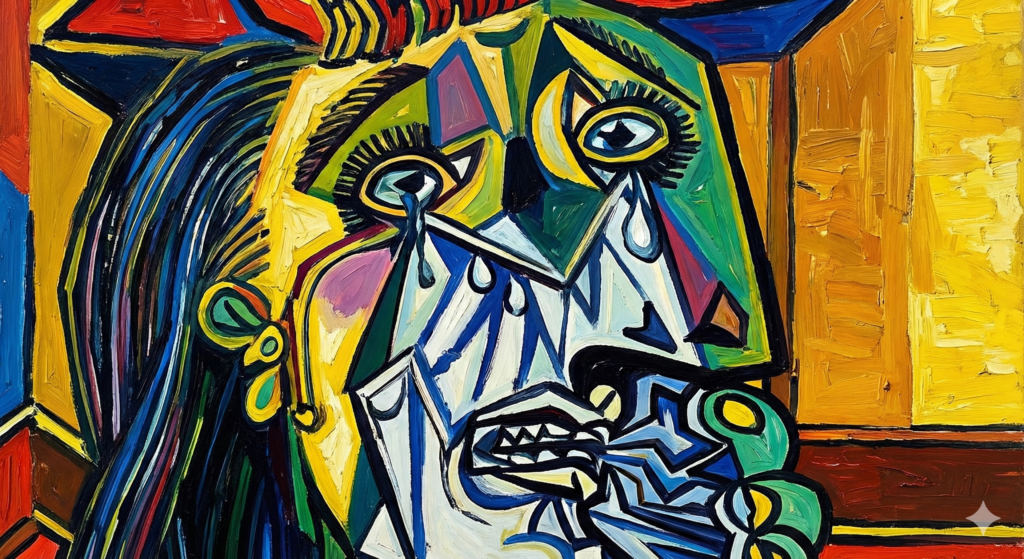 Close-up of Picasso's Weeping Woman showing fragmented facial features expressing grief