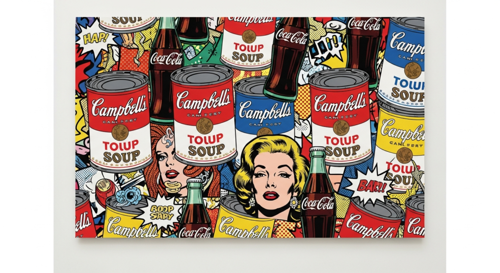Understanding Popular Art Styles and Movements: Your Complete Guide 6 Pop Art collage with bold colors featuring consumer products, celebrity images and commercial imagery in Warhol style