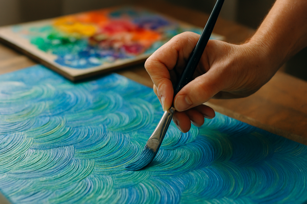 Understanding Rhythm in Art: A Comprehensive Guide to Movement and Flow 7 Artist creating rhythm in painting with repeated curved brushstrokes showing painting technique and process in studio