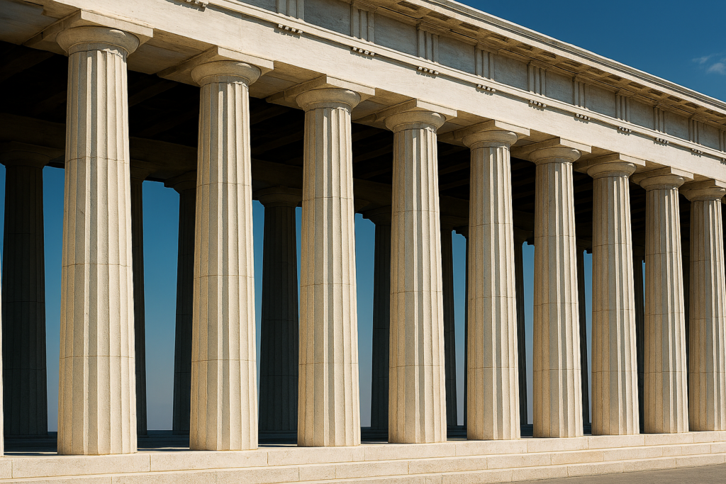 Understanding Rhythm in Art: A Comprehensive Guide to Movement and Flow 4 Classical Greek temple colonnade showing regular rhythm through evenly spaced identical columns creating formal visual pattern