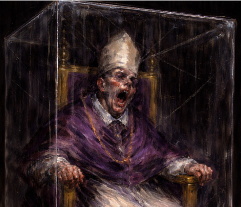 Francis Bacon's style screaming pope painting with distorted mouth and blurred features