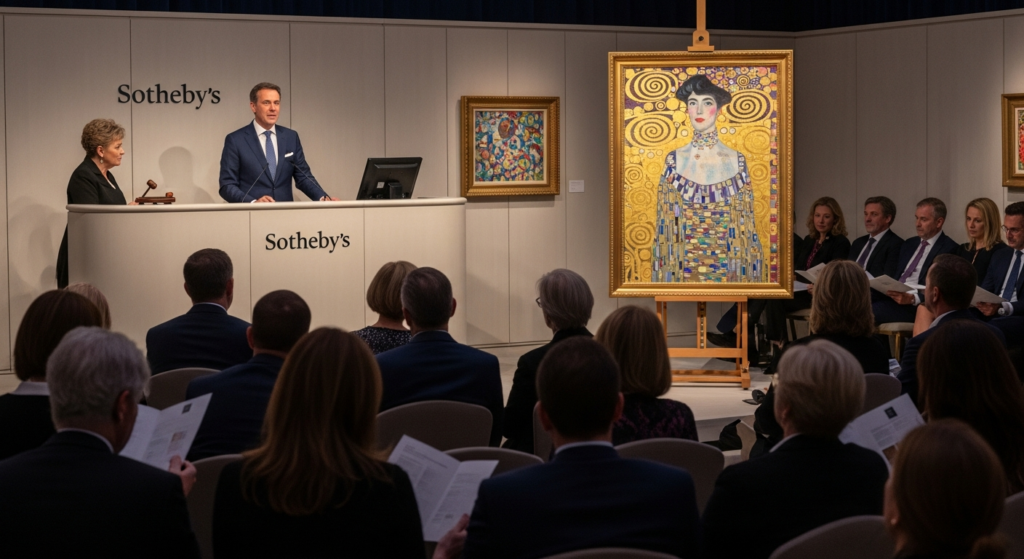Art Auctions 2025: Record Sales, Market Trends & Investment Insights 4 Historical photograph showing the Lederer family collection with Gustav Klimt's portrait before World War II confiscation at auction