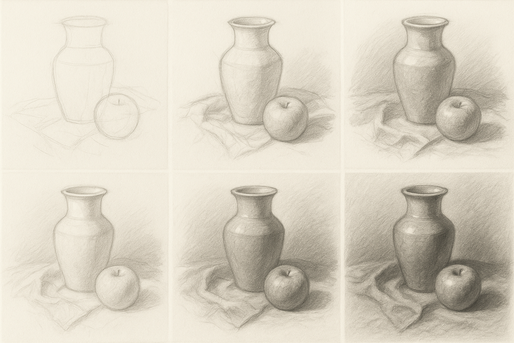 Progressive stages of still life drawing from initial sketch to finished rendering showing value development process