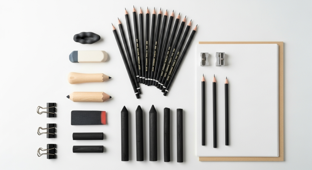 Complete still life drawing materials including graphite pencils, charcoal sticks, erasers, blending tools, and quality drawing paper