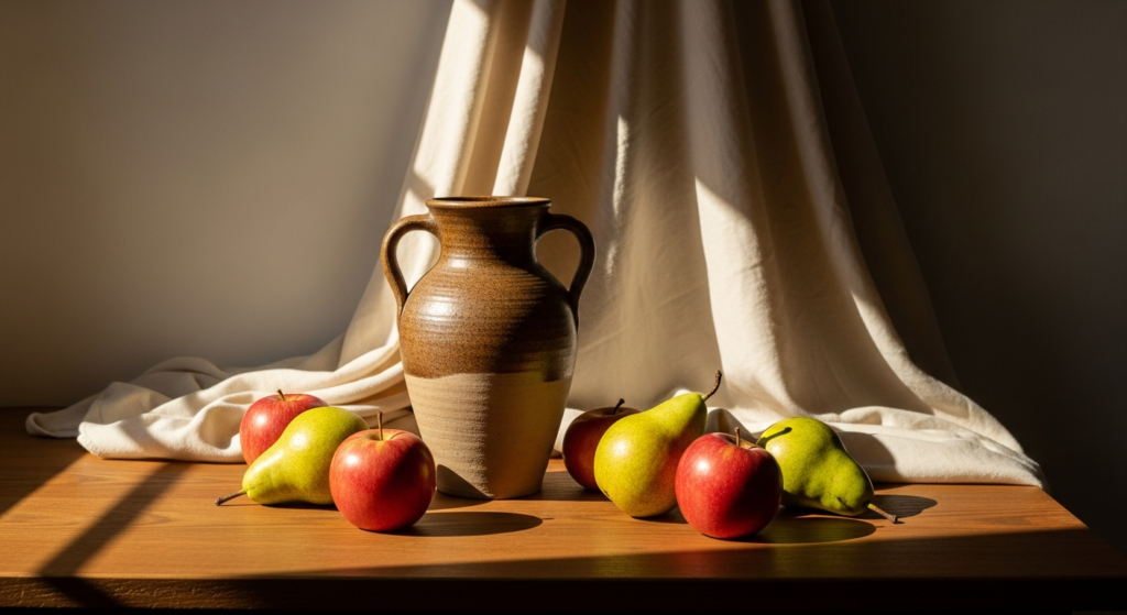 Traditional still life arrangement with pottery vase, fresh fruits, and draped fabric under natural window lighting for drawing practice