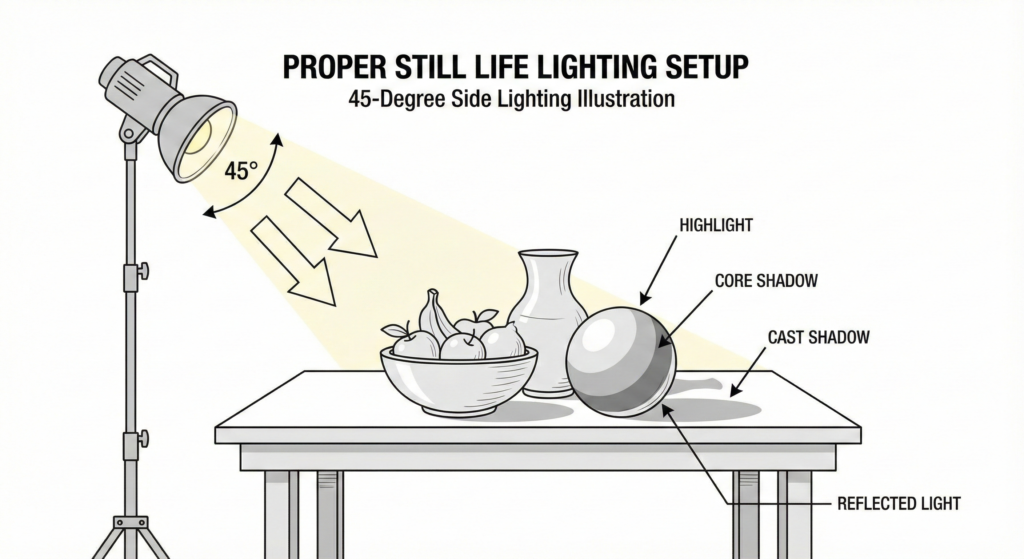Diagram showing ideal lighting angles for still life drawing with side lighting creating dramatic shadows and form definition