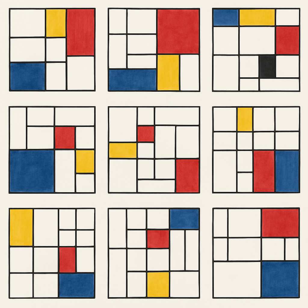 Collection of student created Mondrian style grid artworks showing various interpretations and color arrangements