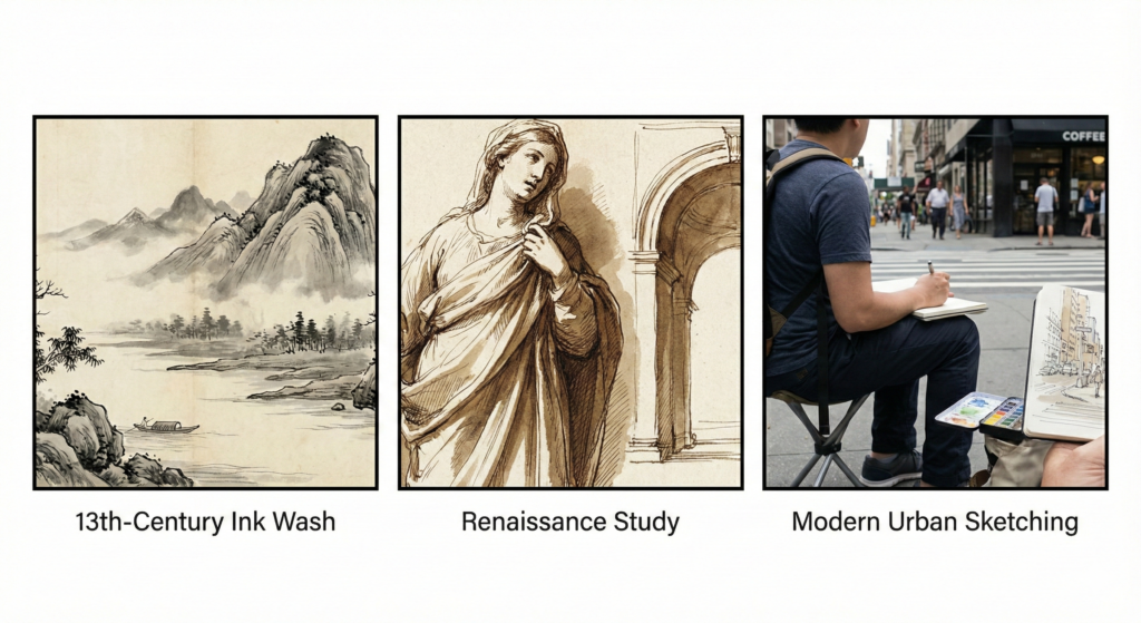 timeline pen and wash