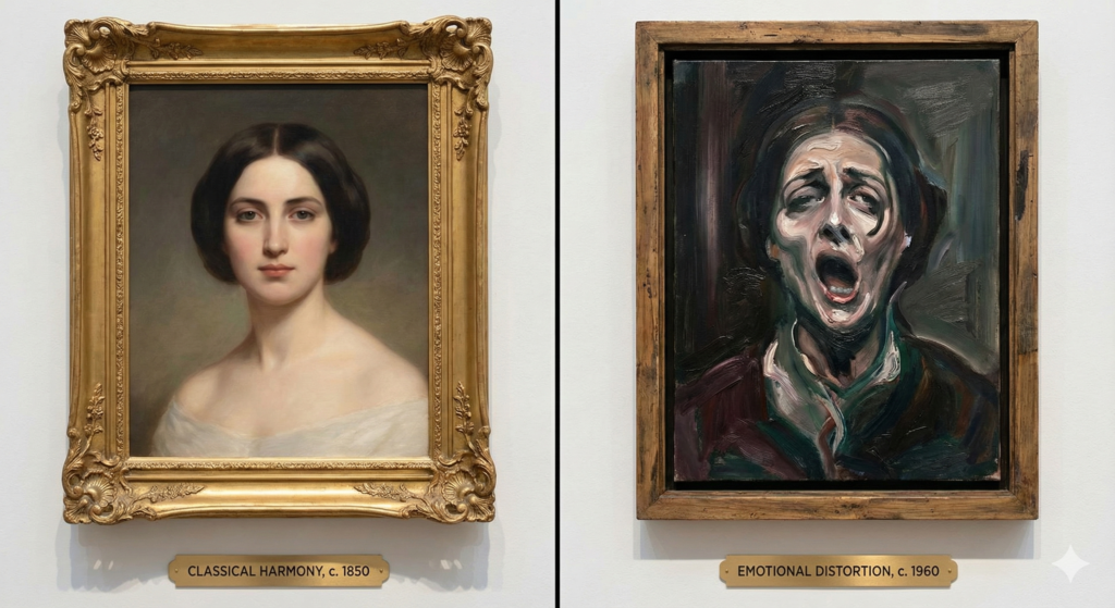 Side by side comparison showing traditional symmetrical portrait and Bacon-inspired distorted portrait 