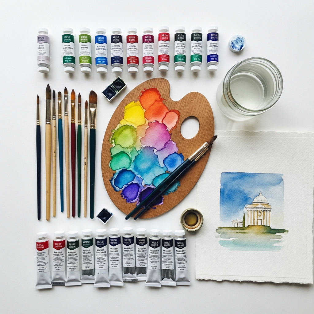 Traditional watercolor painting supplies including tubes of paint, various brushes, and a wooden palette used in Studio Ghibli animation