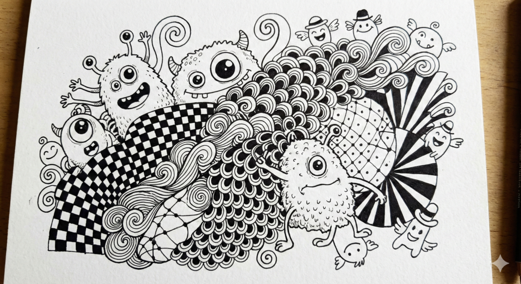Unleash Your Creativity: 25+ Fun Doodle Art Ideas with Easy Step-by-Step Guides 9 Whimsical doodle art showing Zentangle patterns, friendly monsters with big eyes, and abstract designs