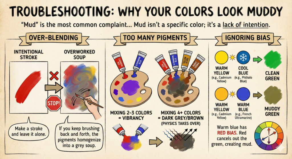 colors look muddy table - overblending, too many pigments, ignoring bias