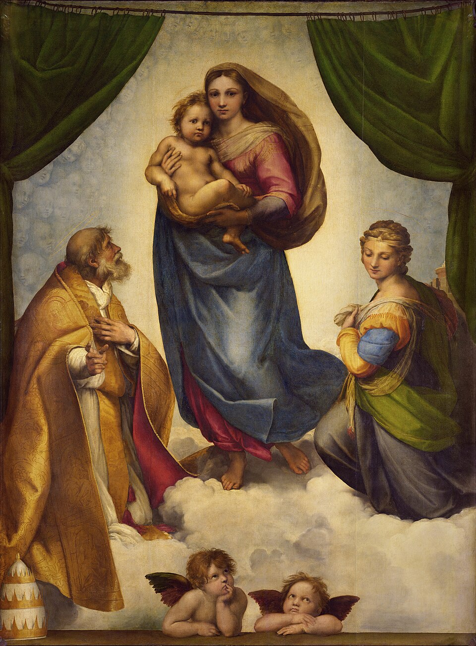 Discovering Genius: The Top 10 Raphael Paintings You Need to See 4 "Sistine Madonna" by Raphael, painted in c. 1513–1514. Description: At first glance, this painting shows a serene Madonna holding the Christ child as they float on a sea of clouds. But look closer at the bottom, and you'll find the two most famous cherubs in art history! Their pouty, slightly bored expressions have made them icons in their own right, appearing on everything from posters to coffee mugs.. Interesting fact: The two cherubs at the bottom of the painting are so famous they are often reproduced by themselves, becoming a standalone work of art.