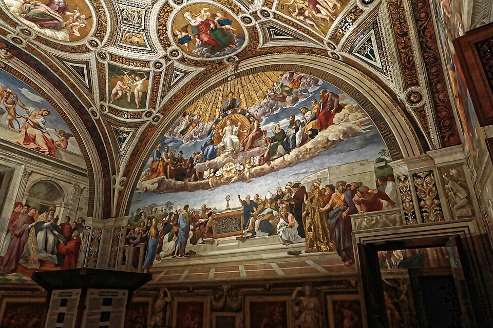Discovering Genius: The Top 10 Raphael Paintings You Need to See 7 "Disputation of the Holy Sacrament" by Raphael, painted in c. 1509–1510. Description: Imagine a grand meeting between heaven and earth to discuss a single, profound idea. That's what Raphael captures in this massive fresco. Above, you have Christ, Mary, and saints in the heavens. Below, theologians, popes, and scholars debate the meaning of the Eucharist. It's a visual symphony of faith and intellect.. Interesting fact: This painting is located directly opposite 'The School of Athens', creating a thematic dialogue between divine faith and human reason.