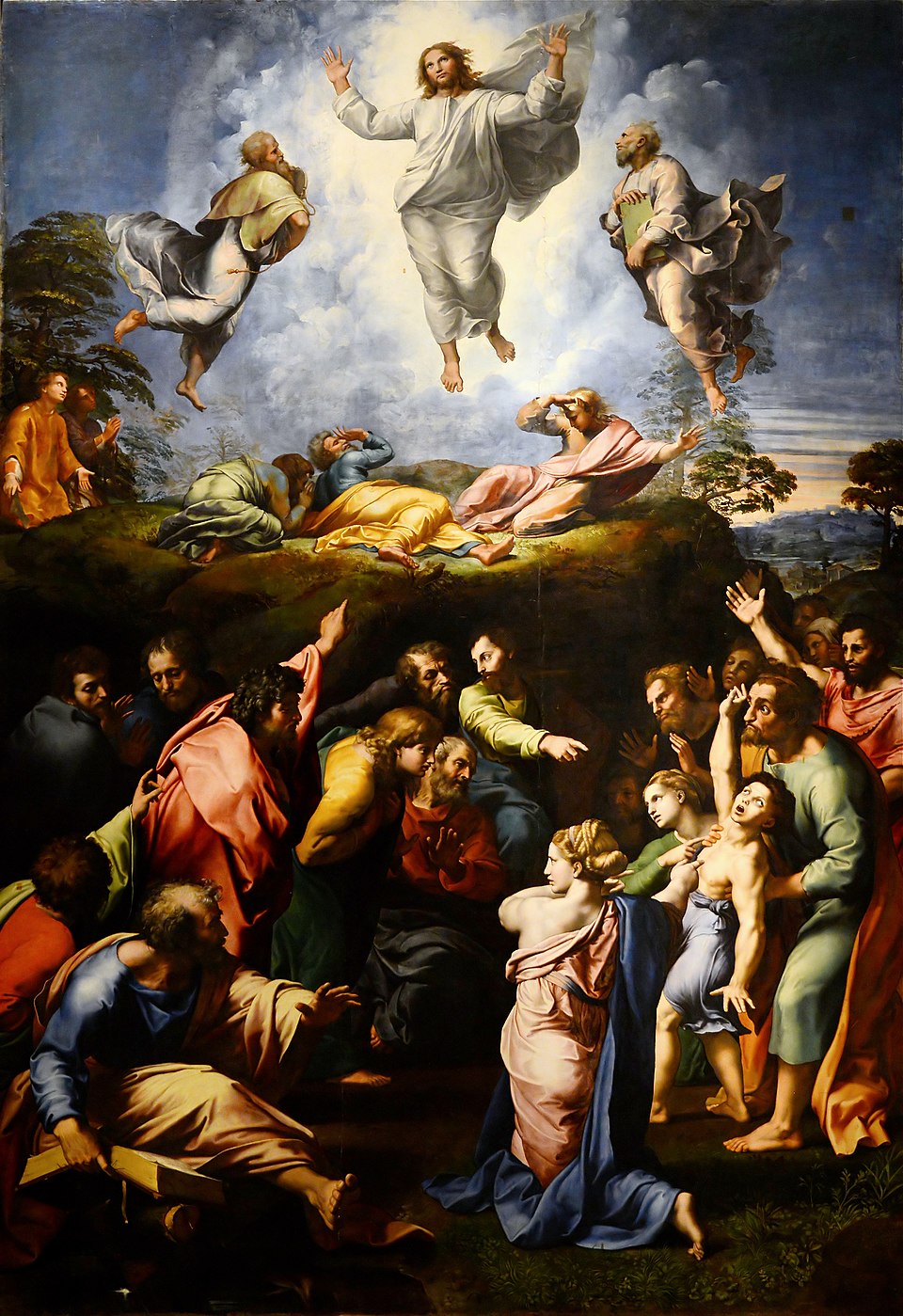 Discovering Genius: The Top 10 Raphael Paintings You Need to See 5 "The Transfiguration" by Raphael, painted in c. 1516–1520. Description: This painting is like two movies playing at once. The top half is serene and heavenly, showing Christ's divine transformation. The bottom half is chaotic and dramatic, with the apostles struggling to heal a possessed boy. The contrast between the divine calm above and human turmoil below creates an incredibly powerful story.. Interesting fact: This was Raphael's final painting, found in his studio after his death at the young age of 37.
