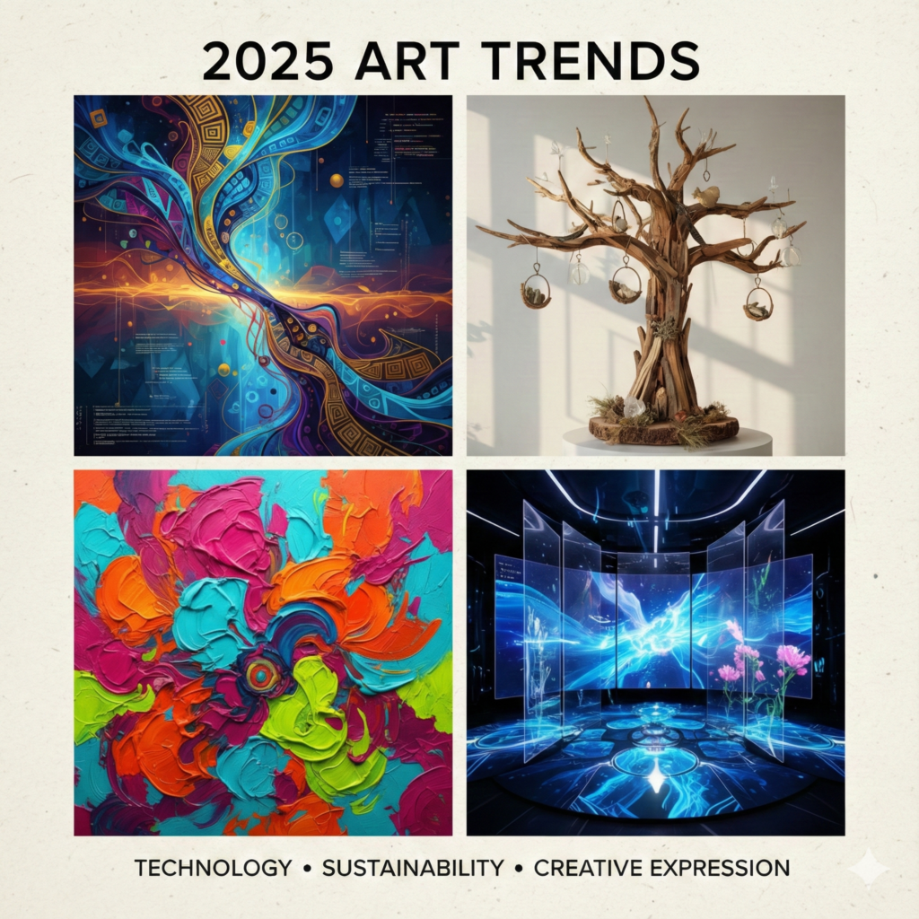 Art Trends 2026: The Definitive Forecast for Painters, Collectors & Designers 3 Collage showing diverse 2025 art trends including AI-generated artwork, sustainable materials, bold colorful abstract paintings, and digital mixed media installations.
