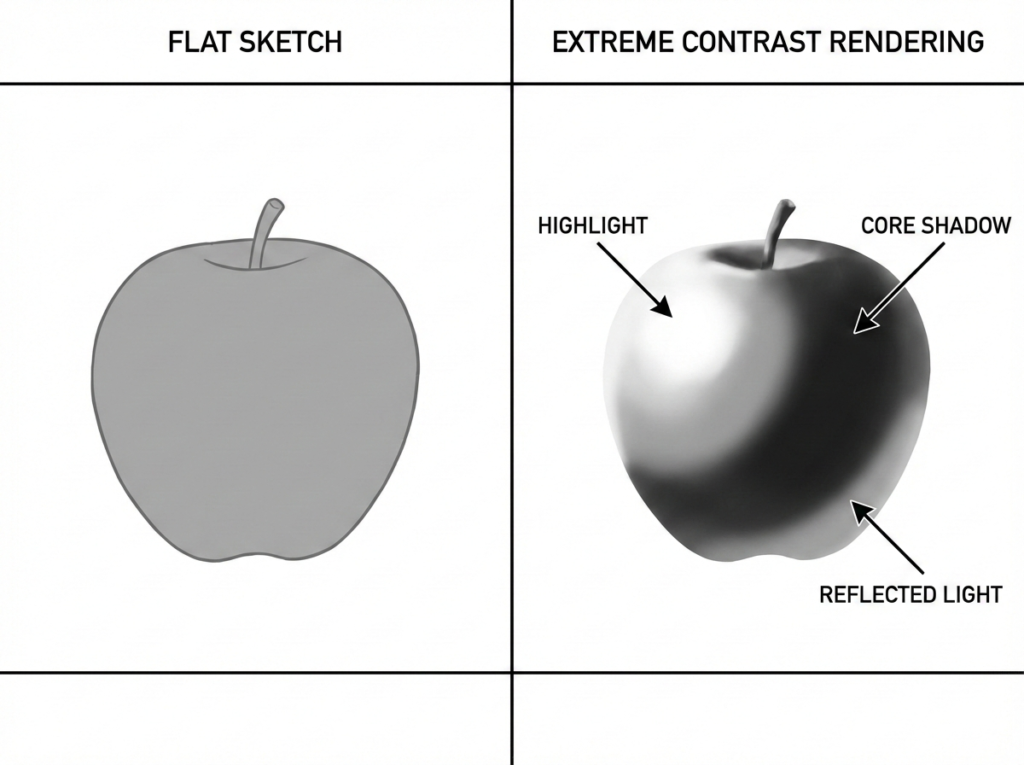 Chiaroscuro progression: from flat sketch to dramatic Caravaggio-style rendering