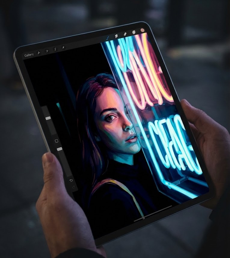 Modern artist applying Caravaggio’s tenebrism technique to digital portraiture