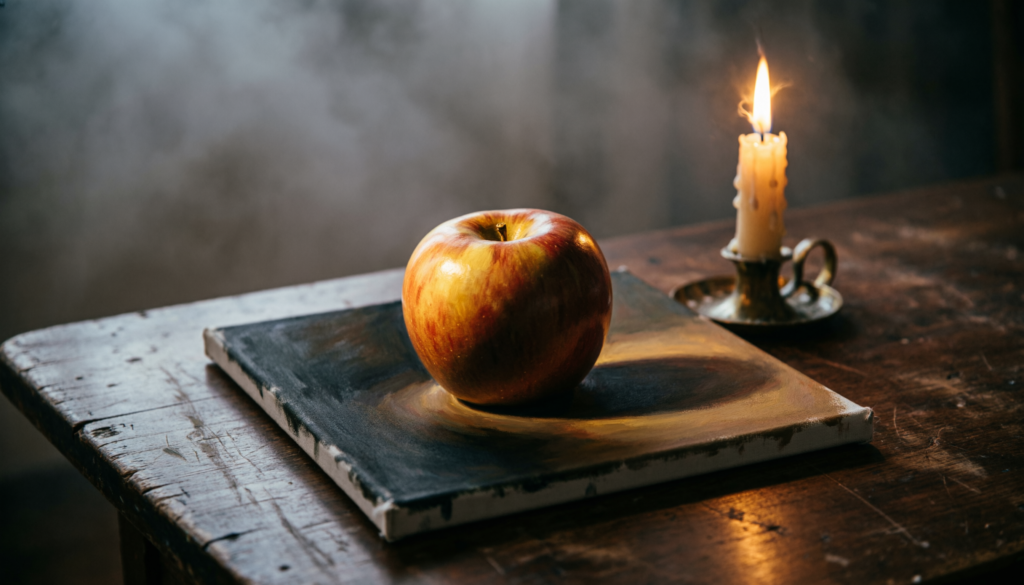 Beginner practicing Caravaggio-style chiaroscuro with candlelit still life setu