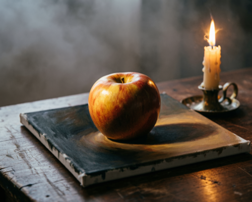 Beginner practicing Caravaggio-style chiaroscuro with candlelit still life setu