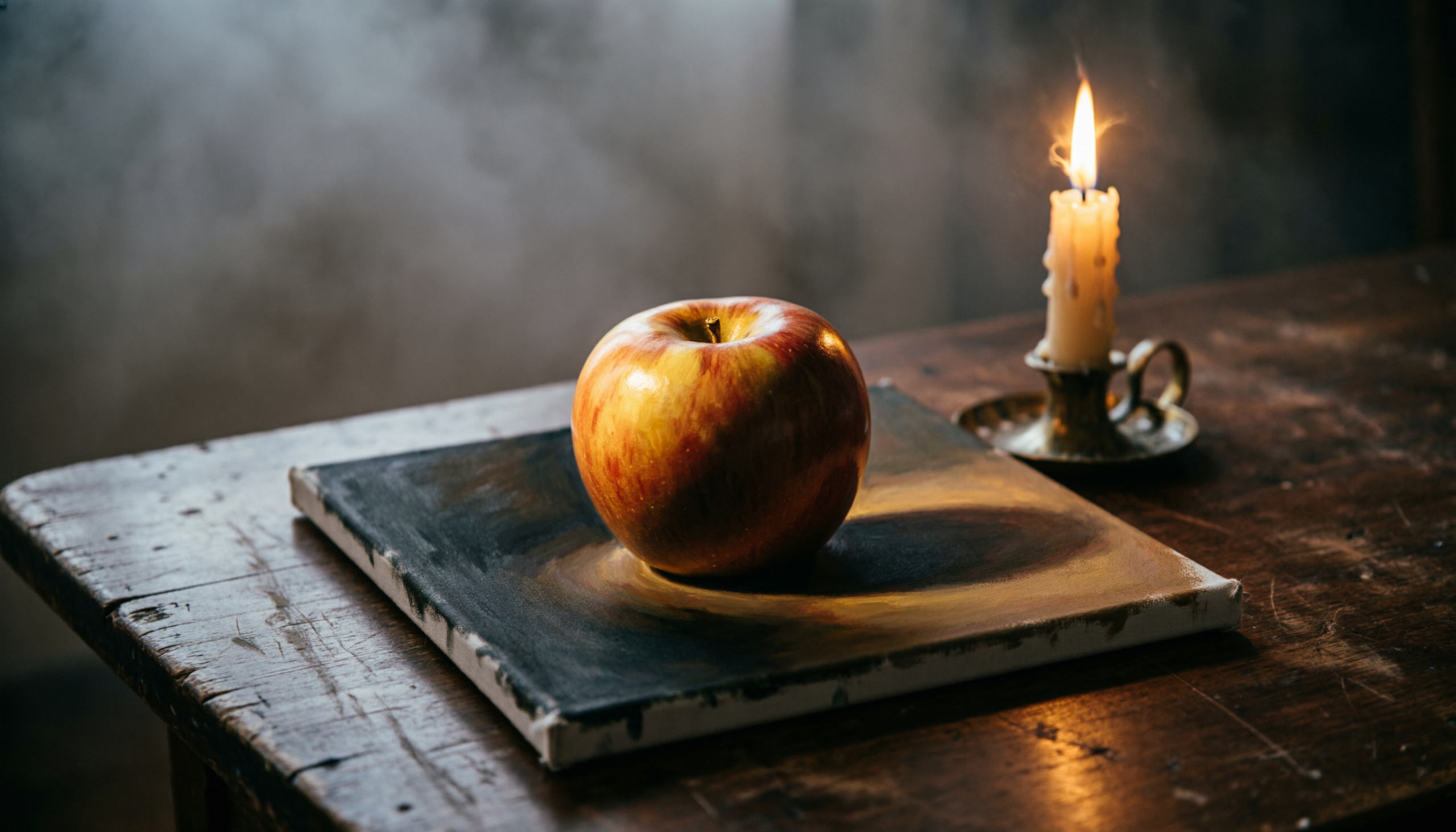 Beginner practicing Caravaggio-style chiaroscuro with candlelit still life setu